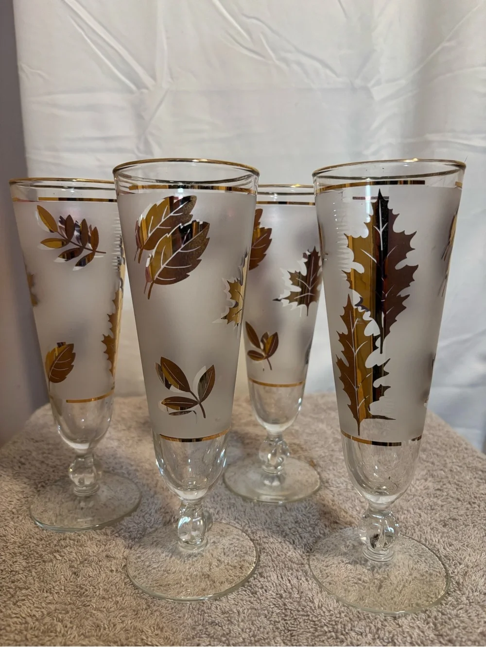 Libbey Frosted Glass Flutes with Gold and Brown Leaf Motif - Set of 4